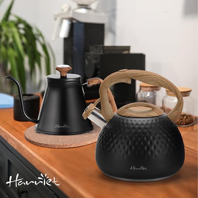 harriet Tea Kettle, Tea Pot for Stovetop, 2.5QT Whistling Kettle with 5-Layers bottom, Food Grade Stainless Steel Kettles with Hot-Resistant Handle Gas Electric Applicable, Black