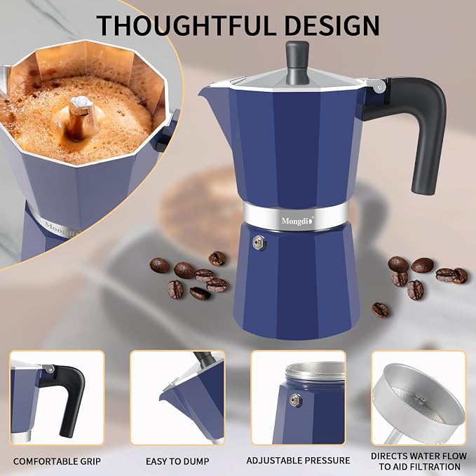Mongdio Stovetop Espresso Maker Moka Pot, Stove Top Cuban Coffee Maker, Italian Greca Mocha Pot, 12 Espresso Cups, 20 oz - Blue