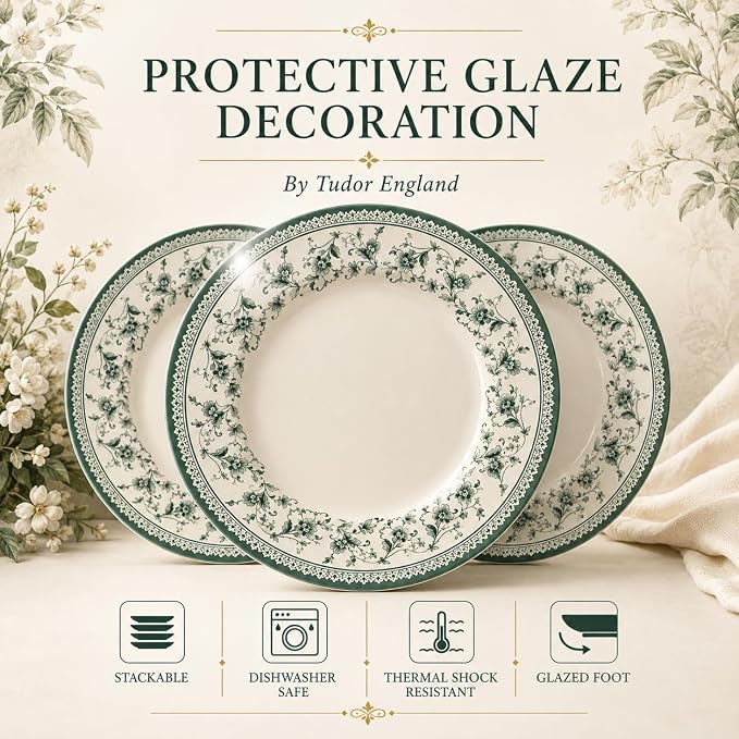 Tudor Royal 12-Piece Round Porcelain Dinnerware Set, Service for 4 - Aster Green Design, Multicolor Floral, Plates Bowls Mugs Dishes, Premium Quality Tableware, Unique Pattern, Glossy