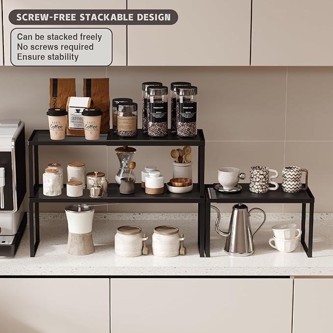 Magheo Expandable Cabinet Shelf Organizer, 1 Pack Stackable Kitchen Counter Shelf Riser, Metal Spice Rack Adjustable Heavy Duty Countertop Organizer Storage for Kitchen, Pantry, Cupboard, Rv (Black)
