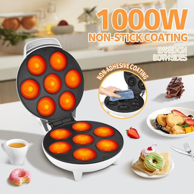 DSP Mini Donut Maker - Non-Stick, 7 Donuts, Cool-Touch | Quick 3-Min Baking, Indicator Lights, Easy Wipe-Clean, Breakfast/Snacks/Desserts