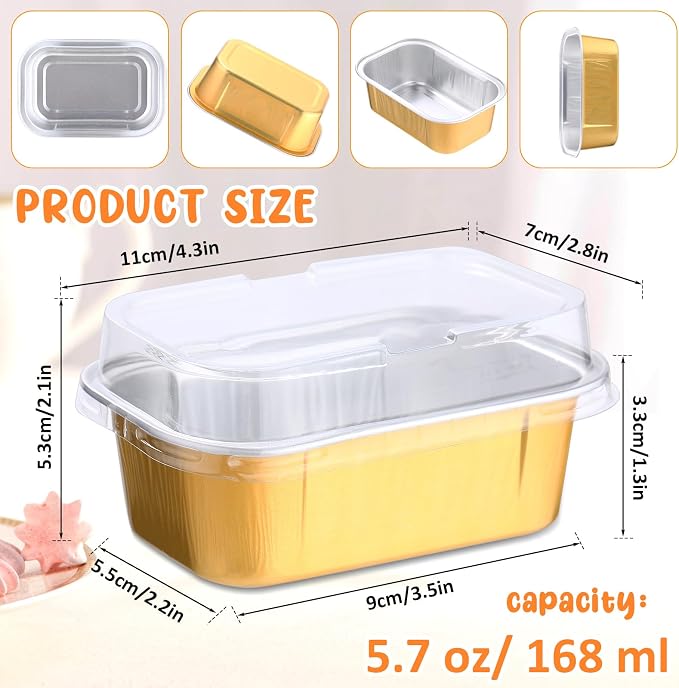 Vesici 100 Sets Mini Loaf Pans with Lids, 5.7 oz Disposable Aluminum Foil Baking Cups, Rectangle Cake Pans for Baking Storage Birthday Party(Gold)
