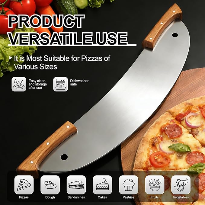 20-Inch Pizza Rocker Blade Cutter, Stainless Steel with Double Wooden Handles, Professional Pizza Slicer (Silver)