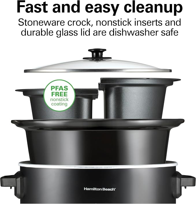 Hamilton Beach Double Dish Slow Cooker with 6qt Crock and Dual 2.5qt Nonstick Insert to Cook Two Meals at Once, Serves 7+ People, Dishwasher Safe Pot & Lid, Black (33569)