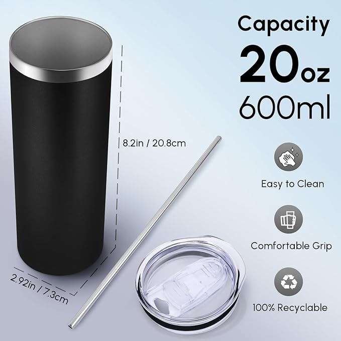 Volhoply 4 Pack Skinny Tumblers with Lid and Straw, 20oz Stainless Steel Straight Tumbler Bulk, Vacuum Insulated Coffee Mug for Home, Office, Travel, DIY (Black,4 Pack)