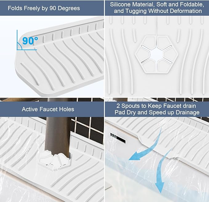 Faucet Guard - 90 Foldable Draining Mat for Kitchen Sink with 2 Drain Ports, Suitable for Bathroom, etc (White, 29.9"*5.9")