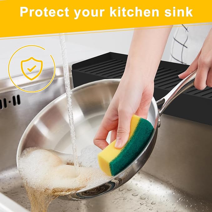 Silicone Sink Edge Protectors - Multifunction Accessories, Splash Guard & Draining Mat for Kitchen, Bathroom Sink, Steel, Granite, Quartz Countertops (Black, 4 * 30in)