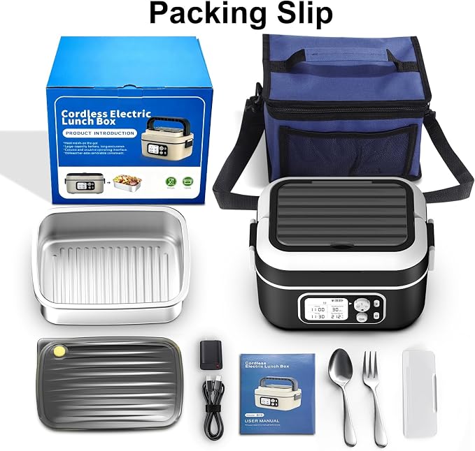 Cordless Electric Heated Lunch Box for Adults, XL 6.3-Cups Rechargeable Battery Powered Smart Self Heating Lunchbox for Men Women, 100W Food Warmer for Trucks Driver Travel Office Worker
