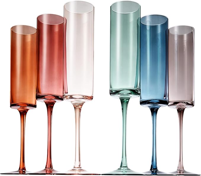 Khen Colored Champagne Flute Stemmed Glasses | Set of 6 | 6oz Art Deco Stemmed Martini Muted Vintage Glasses for Champagne, Cocktail, Margarita, Wedding Glass, Gift Idea, Muted Pastel Colors Unique