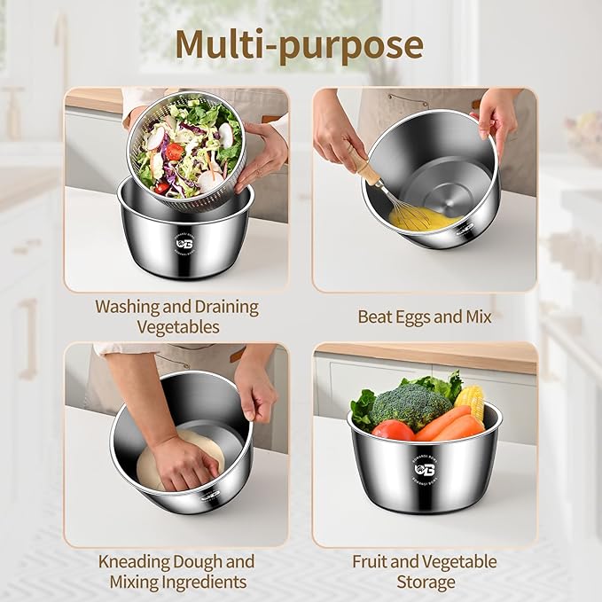 5.3 Qt Stainless Steel Salad Spinner, BOMANSI BOMS Vegetable Spinners, Lettuce Spinner, Fruit Washer, Large Salad Spinners, Dishwasher Safe, 304 Stainless Steel Bowl & Basket