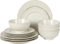 Gibson Elite Soleil 12 Piece Linen White Stoneware Dinnerware Set for 4, Plates and Bowls Set with Dinner Plates, Salad Plates and Bowls