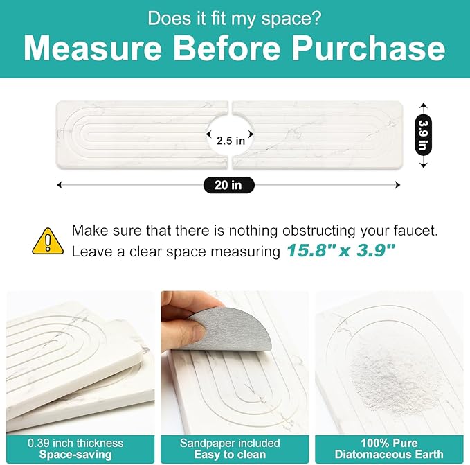 Small White Marble Stone Faucet Mat for Kitchen Sink Water Absorbing Durable Protector for Bathroom Counter Diatomite Quick Drying Stone Tray Sink Splash Guard Kitchen Faucet Mat
