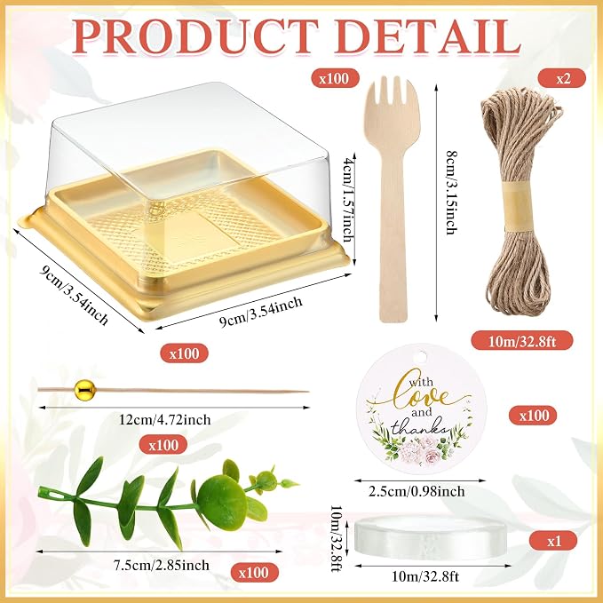Honeydak Clear Cake Containers Mooncake Boxes with Lids, Wedding Dessert Cupcake Box with Forks, Thank You Tags Eucalyptus Leaves, Mini Cake Packaging for Wedding Favors Birthday Party(Gold,100 Sets)