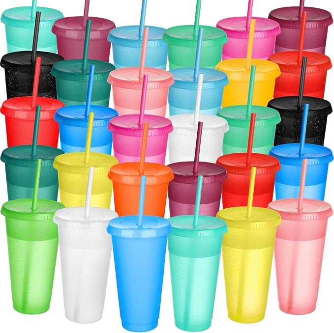 Honeydak 30 Pack Tumbler with Straw and Lid Bulk Cups for Gifts Glitter Plastic Coffee Cups 24-27 oz Reusable Water Bottle Iced Coffee Travel Mug Party Favors for Birthdays Travel (Assorted Color)