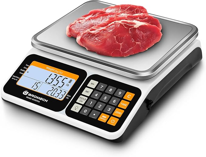 Commercial Food Scale 66lb/30kg, High Precision Digital Price Computing Scale for Farmers Marke, Deli, Dual Backlit LCD Display, Stainless Steel Platform, Rechargeable Battery for Produce Meat