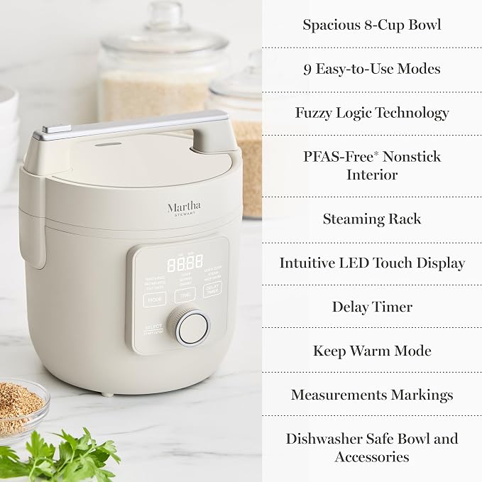 Martha Stewart Rice Cooker, 4 Cup (Uncooked) / 8 Cup (Cooked), Ceramic Non-Stick Removable Pot, Keep Warm, Measure Markings, Steam Basket, Brown & Sushi Rice, Quick Cook, Quinoa, Grains, Oats, Linen Cream