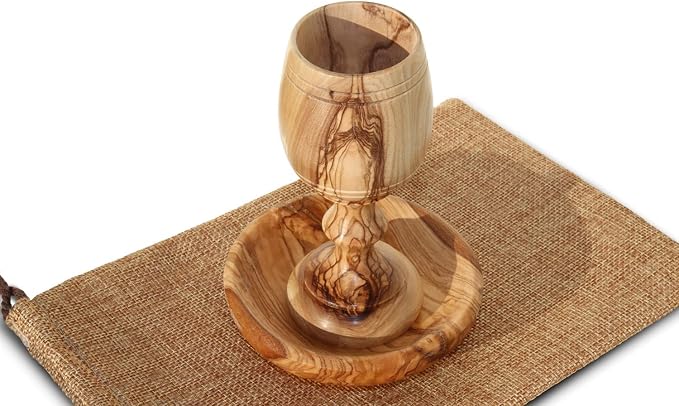 4.5" (Small) Olive Wood Communion Set from Bethlehem – Hand Carved Cup & Bread Tray for Lord's Supper, Eucharist & Kiddush – Authentic Worship Kit with Gift Bag