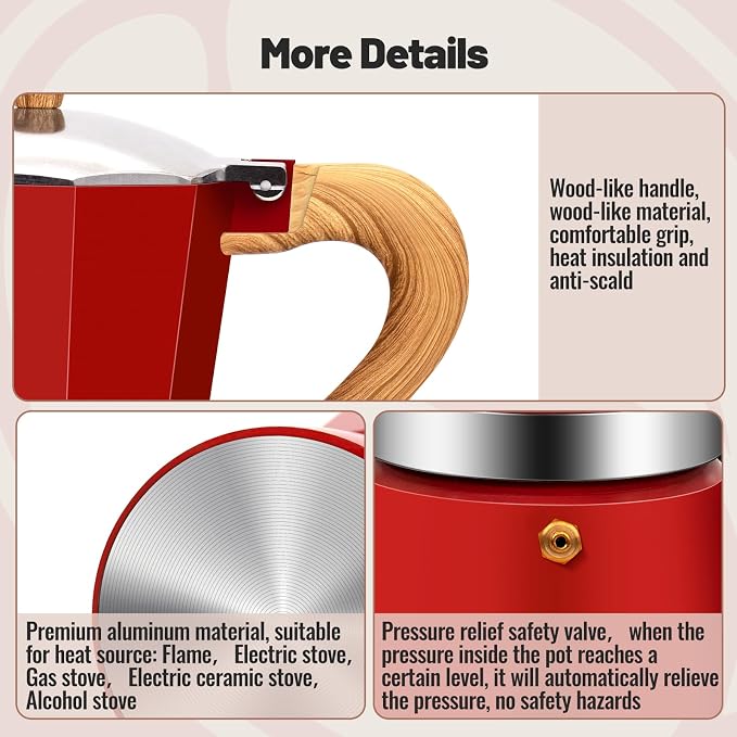 9 Cup Aluminum Moka Pot Classic Stovetop Espresso Coffee Maker 450ml 15oz Coffeemaker Percolator Mocha Pot Greca Coffee Maker Cafe Makers for Italian and Cuban Café Brewing Red