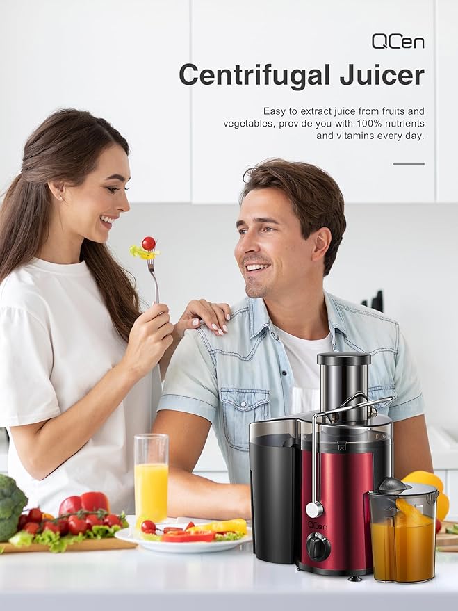 QCen Juicer Machine, 500W Centrifugal Juicer Extractor with Wide Mouth 3” Feed Chute for Fruit Vegetable, Easy to Clean, Stainless Steel, BPA-free (Metallic Red)