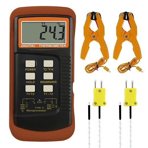 K Type Thermocouple Thermometer (-50~1300°C), Dual Channels Digital Thermometer with 2 Temperature Clamp 2 Wired Thermocouple Probes, High Accuracy Temperature Kelvin Scale Meter Tester