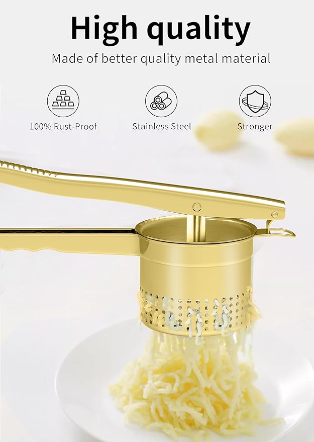 GloTika Large 15oz Potato Ricer Masher, Heavy Duty Stainless Steel Potato Masher with Ergonomic Handle, Masher and Ricer Kitchen Tool for Mashed Potatoes, Noodle Maker, Gold