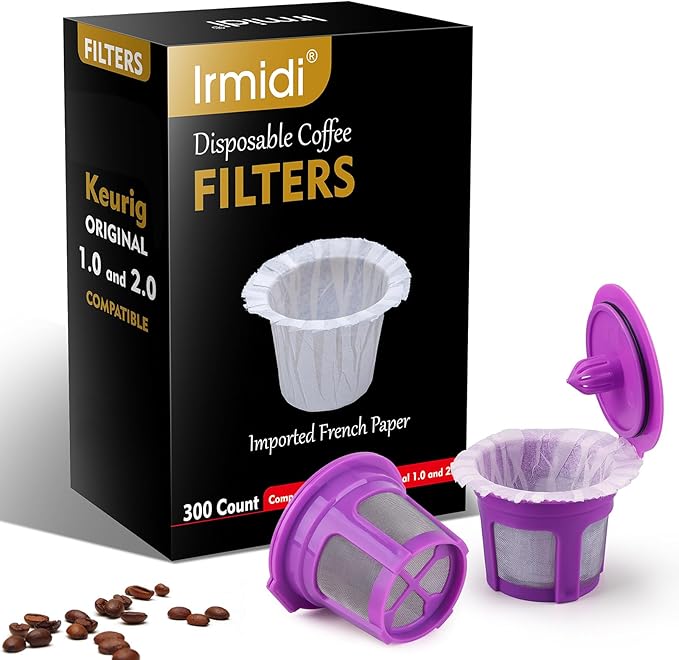 Irmidi 300 Count Disposable Paper Filter with 2 Pack Reusable K Cups Coffee Pods,Compatible with Keurig 2.0 and 1.0 Coffee Maker