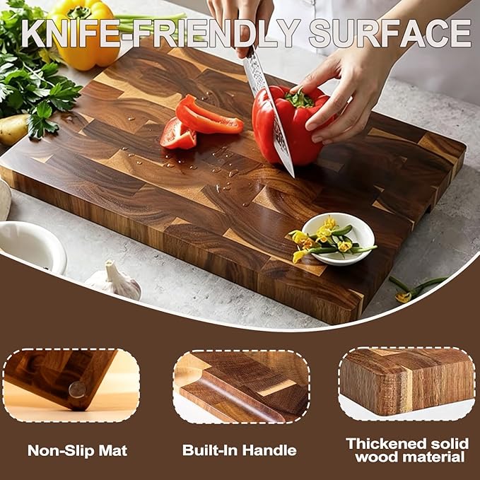 Premium 3-Piece End-Grain Cutting Board Set, Wooden Cutting Boards for Kitchen, Reversible Chopping Board, Built-In Handles, Knife-Friendly,Durable Butcher Block for Kitchen Prep & Charcuterie Serving