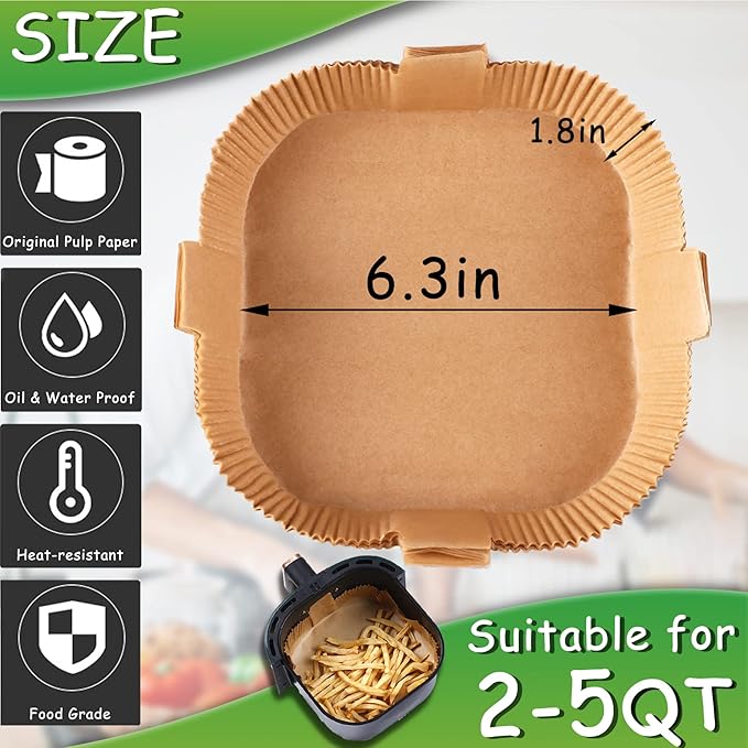 Air Fryer Disposable Paper Liner - 6.3 Inch Square Non-Stick Parchment Inserts Sheets, Oil-proof, Water-proof Baking Filter for 2 3 4 4.5 Qt Airfryer Basket, Oven, Pan, Papel Para Freidora De Aire
