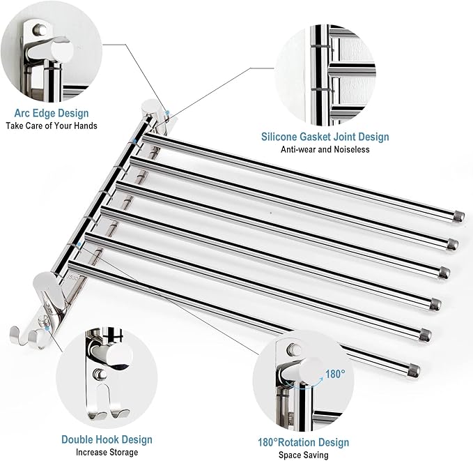 6-Arm Swivel Towel Bar, 180°Rotating Towel Rack Wall Mounted, 304 Stainless Steel Rustproof Heavy Duty Towel Holder for Bathroom Kitchen Laundry Room, Space Saving, Brushed Nickel Finish