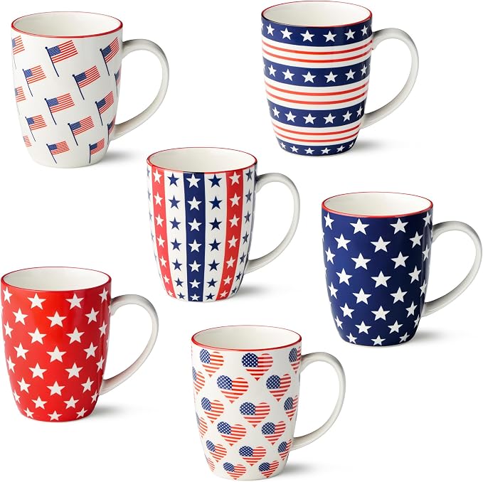 Patriotic Pad Print Porcelain MUGS SET of 6, 14 ounce red white and blue assorted star stripe and flag designs for coffee tea and festive everyday drinkware