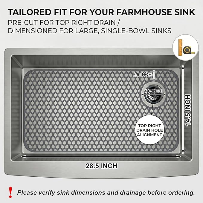 Silicone Sink Protectors for Kitchen - Non-Slip Heat Resistant Grid Mat for Farmhouse Porcelain Stainless Steel, Protects & Cushions Your Sink(Gray 1PCS, 28.5"x14.5" Right-Side Drain)