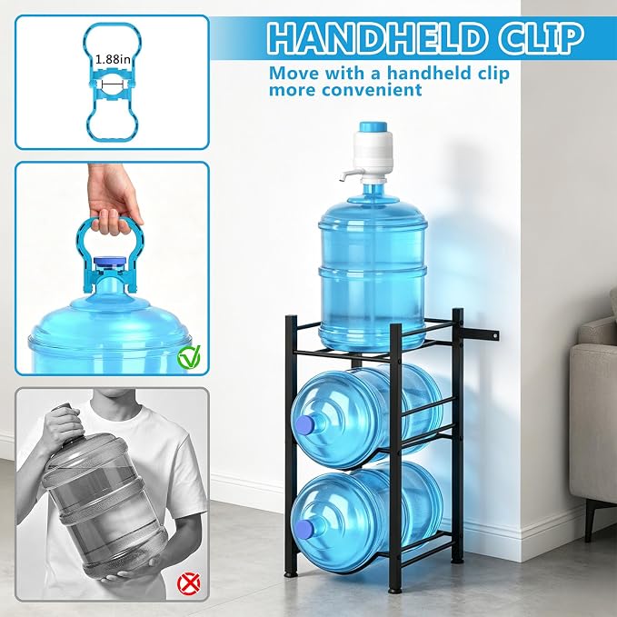 Small 5 Gallon Water Jug Holder, 3 Tier Water Jug Stand Holder with 1 Dispenser Valves, 5 Gal Water Bottle Storage Rack Organizer for Kitchen, Office, Garage