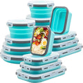 Lunememo 16 Pack Collapsible Silicone Food Storage Containers with Lids, Freezer & Dishwasher Safe, Foldable Lunch Box for Camper, Leftovers, Snacks, Meals, Blue