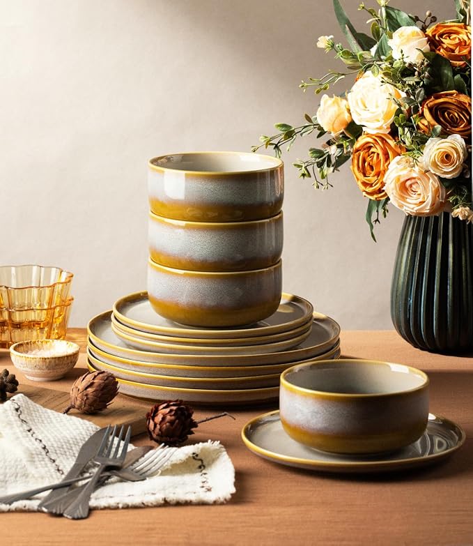 TheTerra Ceramic Dinnerware Sets for 8, 24 Pieces Handmade Reactive Glaze Plates and Bowls Set, Scratch Resistant Dish Set, Oven & Microwave & Dishwasher Safe, Autumn Haze