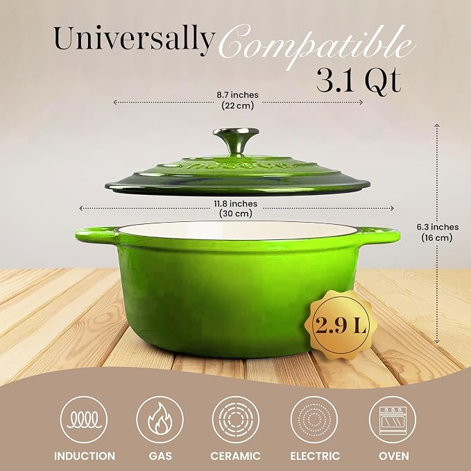 Cast Iron Dutch Oven with Lid - Non-Stick Ovenproof Enamelled Casserole Pot- Sturdy Dutch Oven Cookware - Green, 3.1- Quart, 22cm-by Nuovva