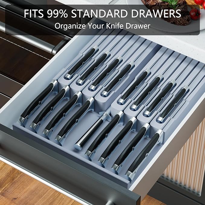 Domax Bamboo In-drawer Knife Block - Kitchen Knife Drawer Organizer Insert, Knife Holder without Knives Large, Drawer Knife Organizer Fits for 16 knives and 1 Sharpening Steel (Not Included), Gray