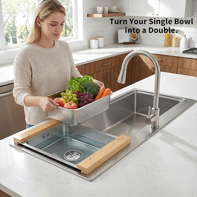 2-in-1 Over the Sink Colander & Dish Basin Combo, Dishpan for Kitchen Sink, Stainless Steel Sink With Strainer Basket, Vegetable and Fruit Washing, Food Straining & Dish Washing