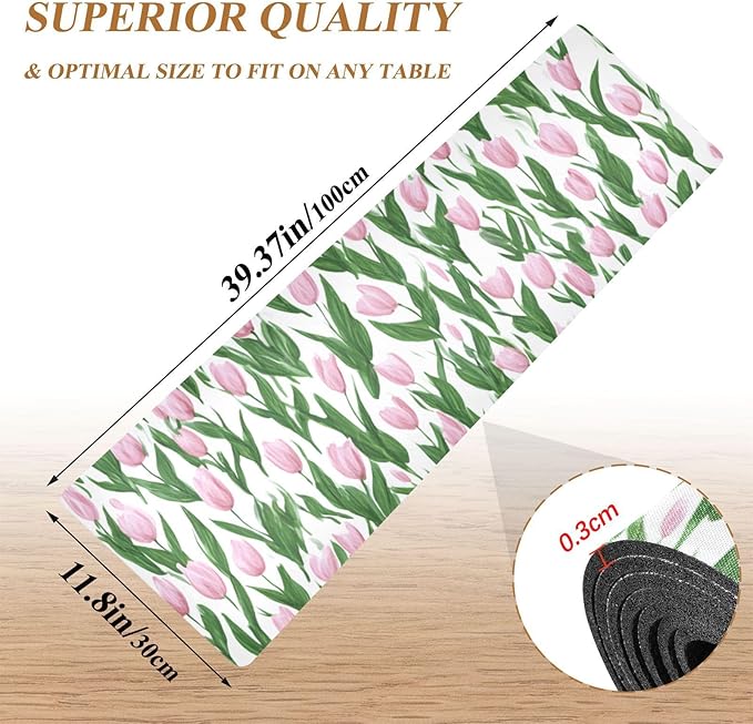 2 in 1 Table Runner Trivet for Hot Pots and Pans Heat Resistant Non Slip Waterproof 39 x 12 Inch Decorative Table Protector for Kitchen Countertop Small Tulips Pink