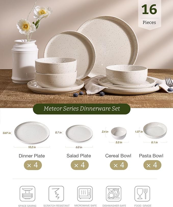 Famiware Meteor Stoneware Dinnerware Sets with Pasta Bowls, Service for 4 (16 Pieces), Plates and Bowls Sets, Microwave and Dishwasher Safe Dishes Set, Creamy White