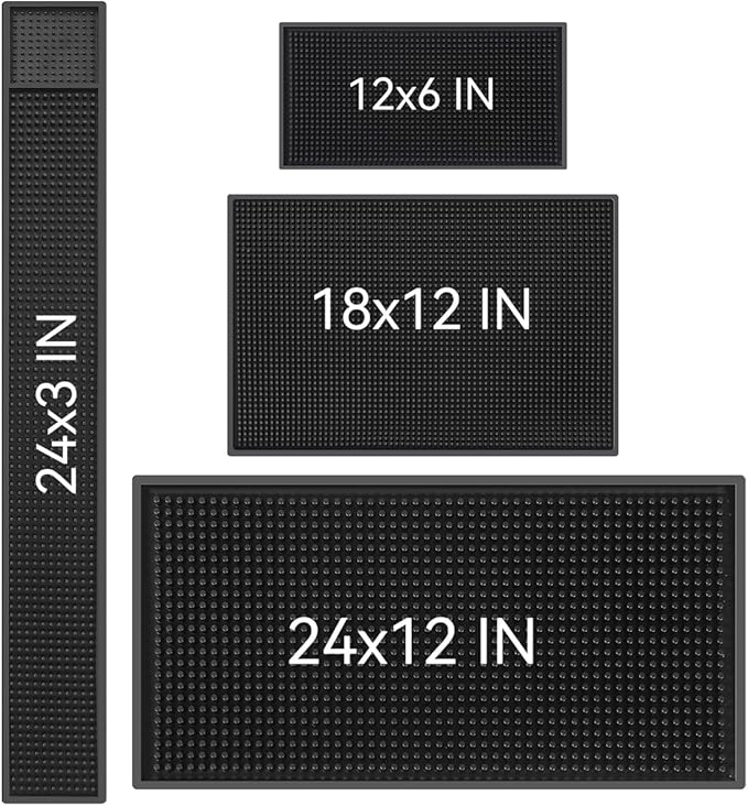 WANGCHAO Bar Mat Set of 4 Nonslip Flexible Rubber Black Bar Service Spill Mat Barber Mats Dish Drying Mat (24" x 12"+18" x 12"+23" x 3"+12" x 6")
