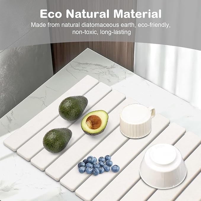 2 PCS Large Stone Dish Drying Mat for Kitchen Counter, 24"×16" Dish Drying Mat with 8"x 4" Coasters, Non - Slip Collapsible Absorbent Mat for Multi - Purpose, Match Any Countertop【White】