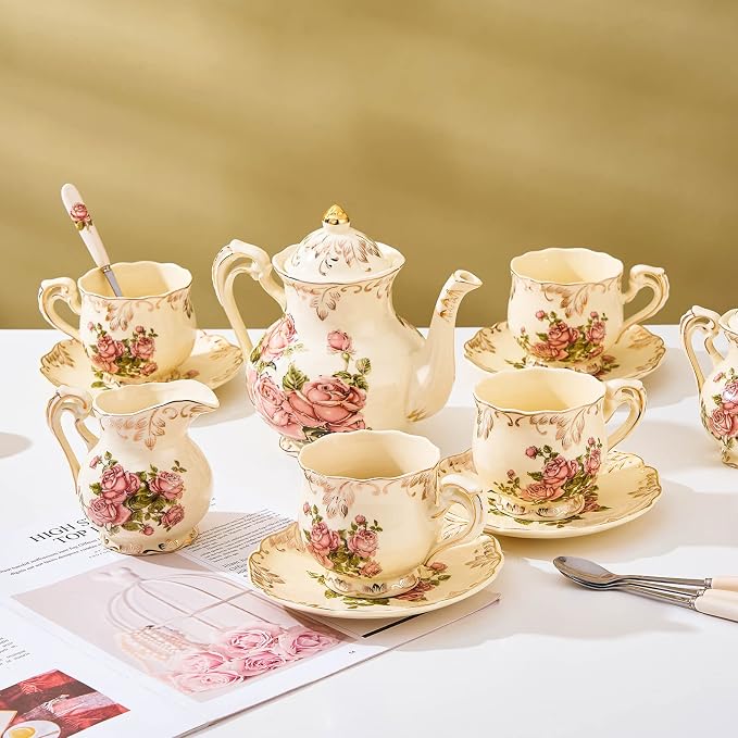 Tea Cups and Saucers Set of 4, 8 Oz Ivory Rose Floral Porcelain Teacup and Saucer Set with Gold Trim, Vintage Tea Cups with Spoon, European Style (Pink Rose)