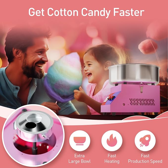Cotton Candy Machine - Cotton Candy Machine Commercial w/ 15 inch Stainless Steel Bowl, Sugar Scoop, Cotton Candy Maker for Home, Party, 1000W Hard Candy Cotton Candy Maker for Birthday