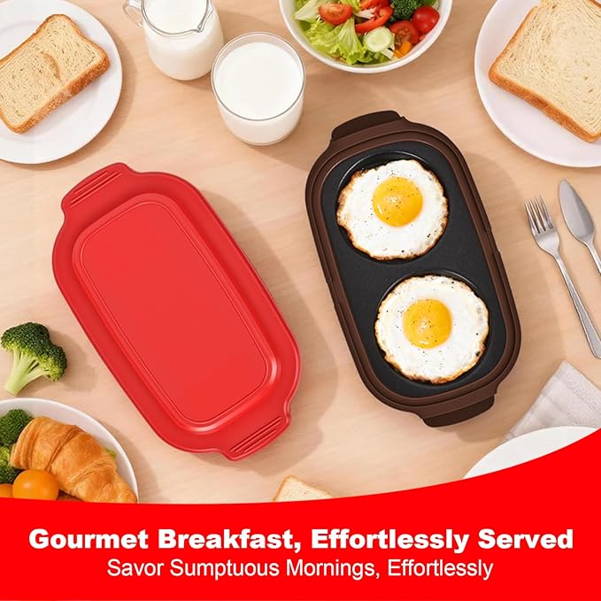 Microwave Egg Poacher & Cooker for 2 Eggs – Multi-Use Fryer with Silicone Lid, Makes Bacon, Omelets & Breakfast Sandwiches | Dishwasher Safe, BPA-Free, Portable for Dorm, Travel, Office (Red)