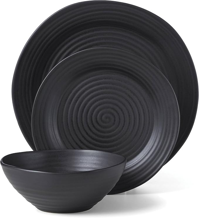 Oneida Black Ridge Piece Dinnerware Set, 12 Count, Dorm Room Essentials, First Apartment