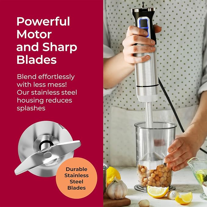 MuellerLiving Immersion Hand Blender Full Set - 8 Speed Immersion Blender, Hand Mixer with 7 Attachments: Stainless Steel Blade, Whisk, Milk Frother, Beater, Mixing Hooks, Potato Masher, Chopper Bowl