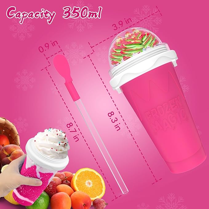 2PCS Slushie Maker Cup, Quick Frozen Magic Cups for Homemade Milk Shake Ice Cream Maker, Double Layer Squeeze Slushy Maker Cup, Birthday Gifts for Mother Father,Kids,Friends,Family (Pink+Green, 350ML)