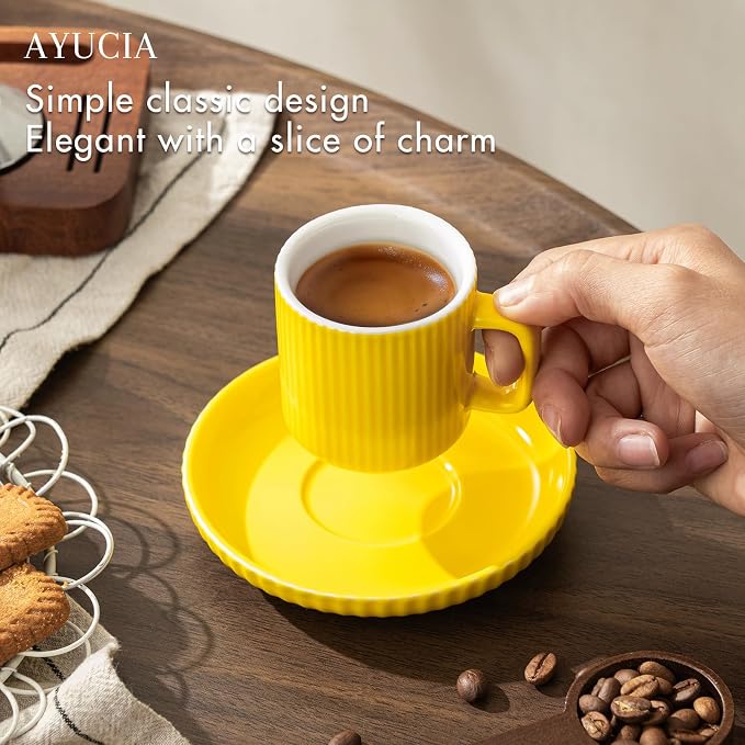 2.5OZ Mini Espresso Cups Set of 4, Yellow Ceramic Demitasse Espresso Mugs with Saucers, Small Coffee Cups for Single/Double Espresso Shots