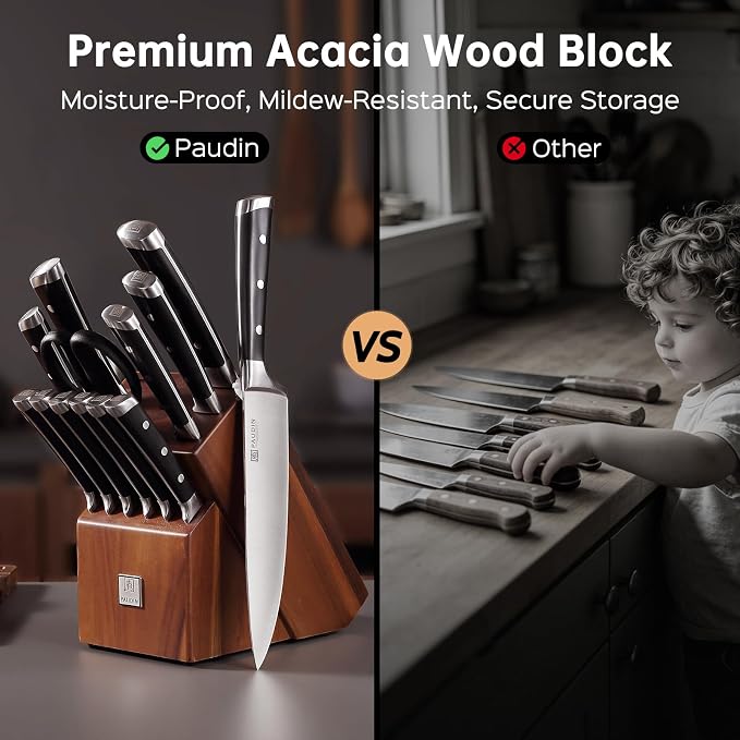 PAUDIN Knife Block Set, 15 Pieces Knife Set with Block, High Carbon Stainless Steel Kitchen Knife Set with Sharpener, Knives Set for Kitchen with Full Tang Triple Rivet Handle