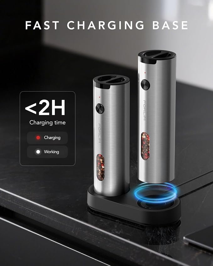 FORLIM Electric Salt and Pepper Grinder Set Rechargeable, Auto Salt and Pepper Grinder set with Charging Base, Adjustable Coarseness, LED Light, Automatic Salt Grinder Refillable,Pepper Shakers Set